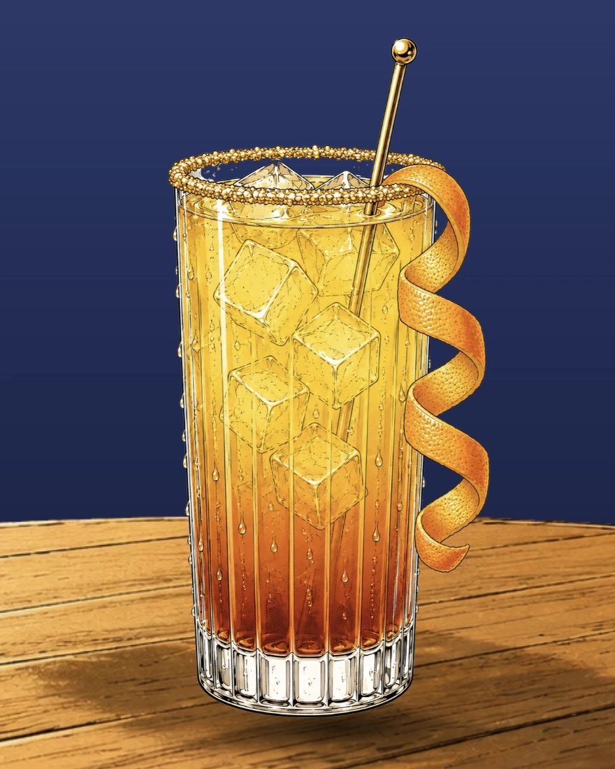 Illustration: Cocktail auf dem Studiotisch, Navy-Hintergrund