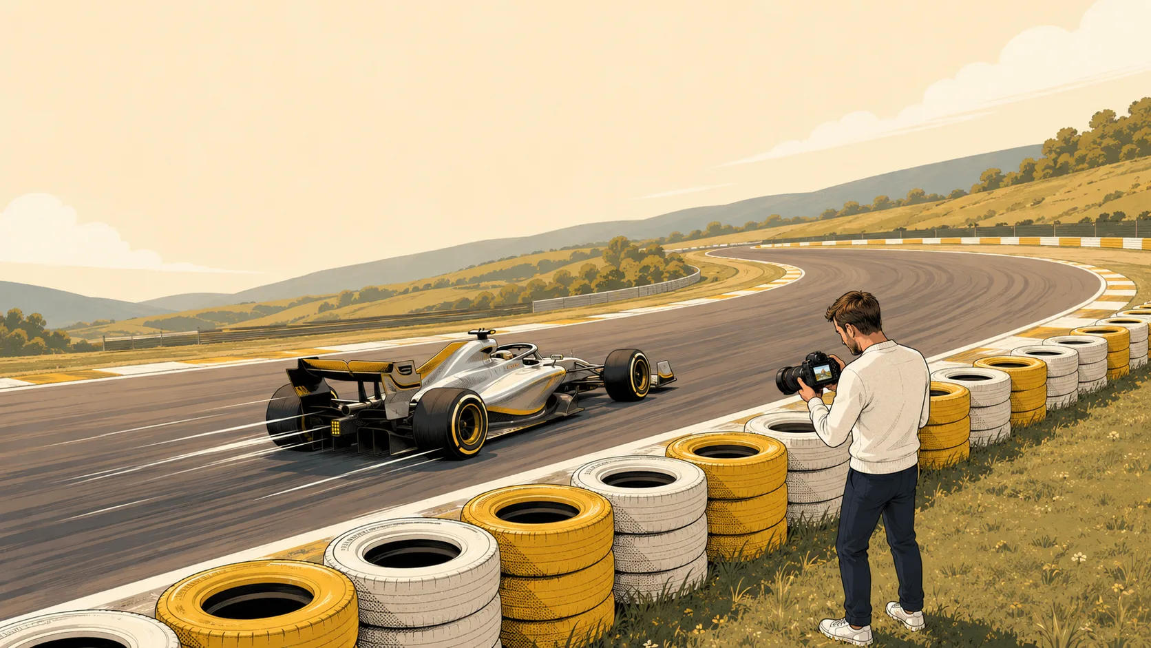 Illustration: Fotograf an der Rennstrecke mit F1-Auto